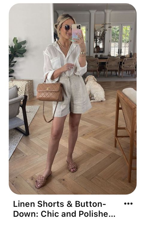 Shorts Linen Outfits, Tailored Linen Shorts Outfit, Women Linen Shorts Outfit, Grey Linen Shorts Outfit, High Rise Tailored Shorts Outfit, White Linen Bermuda Shorts Outfit, Linen Trouser Shorts Outfit, White Linen Shorts Outfit Chic, Tan Linen Shorts Outfit Summer