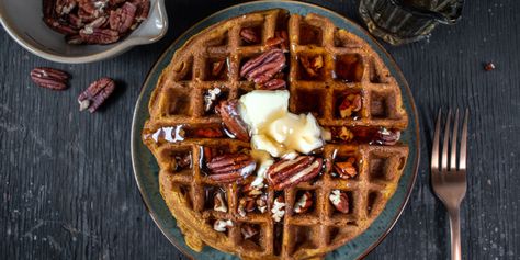 PECAN PIE WAFFLES Pecan Waffle Recipe, Butter Pecan Syrup, Pumpkin Pecan Waffles, Gluten Free Pecan, Pecan Waffles, Fluffy Waffles, Gluten Free Waffles, Pumpkin Pecan, Homemade Butter