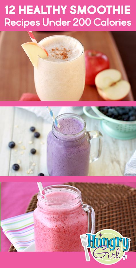 12 Healthy Smoothie Recipes Under 200 Calories | Hungry Girl Recipes Under 200 Calories, Ninja Smoothie Recipes, Ninja Smoothies, Vegetable Smoothie, Low Calorie Smoothies, Smoothie Recipes With Yogurt, Hungry Girl Recipes, Protein Smoothies, Jamba Juice