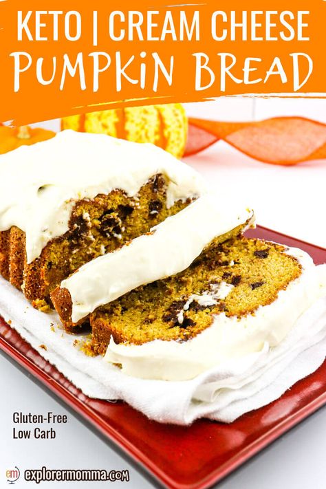 Moist and flavorful, cream cheese keto pumpkin bread is a pound cake style spiced sweet bread perfectly topped with sugar-free cream cheese frosting. The perfect low carb. breakfast, snack, or dessert. Cream Cheese Keto, Spice Pound Cake, Keto Pumpkin Bread, Cream Cheese Pumpkin, Pumpkin Cream Cheese Bread, Pumpkin Pound Cake, Gluten Free Pumpkin Bread, Keto Breads, Keto Pumpkin