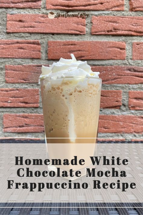 If you're looking for a delicious and refreshing coffee recipe, look no further than this white chocolate mocha Frappuccino. It's perfect for summer days or anytime you need an energizing pick-me-up. Coffee Recipes With White Chocolate Syrup, White Chocolate Mocha Starbucks Recipe Frappuccino, White Mocha Frappuccino Recipe, Easy Mocha Frappe Recipe, Starbucks White Chocolate Frappuccino, White Chocolate Frappuccino Recipe, White Mocha Frappe Starbucks, White Chocolate Mocha Frappuccino Recipe, Iced White Chocolate Mocha At Home