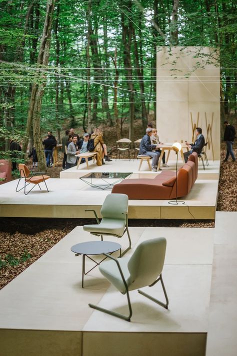 furniture in the forest: prostoria sets design objects amid croatian woodland for 'revisiting analogue’ Forest Pavilion, Architecture Events, Sofa Layout, Milan Furniture, Pavilion Design, Furniture Manufacturing, Cafe House, Design Objects, H Design