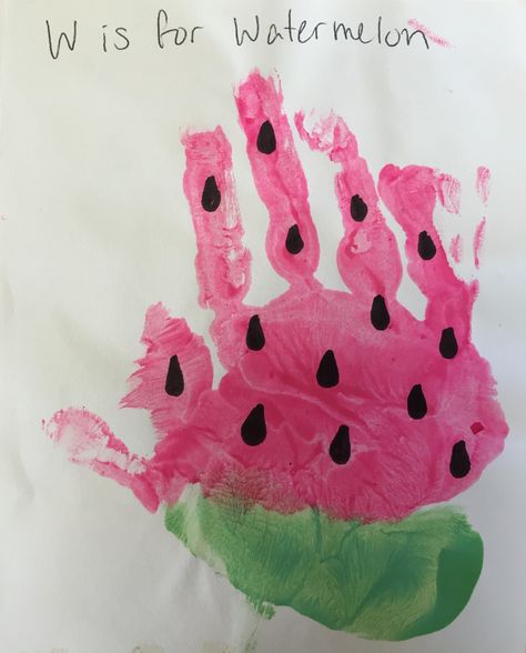 Letter W handprint craft Watermelon Footprint, Letter W Crafts, Preschool Artwork, Craft Handprint, Ant Crafts, Letter Crafts, Preschool Alphabet, K Crafts