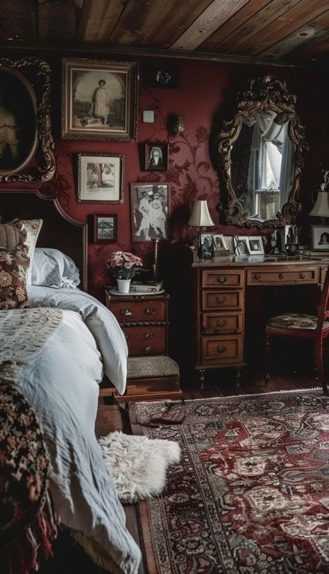 Witches Bedroom Aesthetic, Dark Academia Bedroom Inspo Vintage, Romantic Goth Room Decor, Dark Vintage Aesthetic Room, Vintage Inspired Bedroom Ideas, Dark Antique Bedroom, Dark Romantic Decor, Vintage Apartment Aesthetic Bedroom, Dark Cottagecore Interior