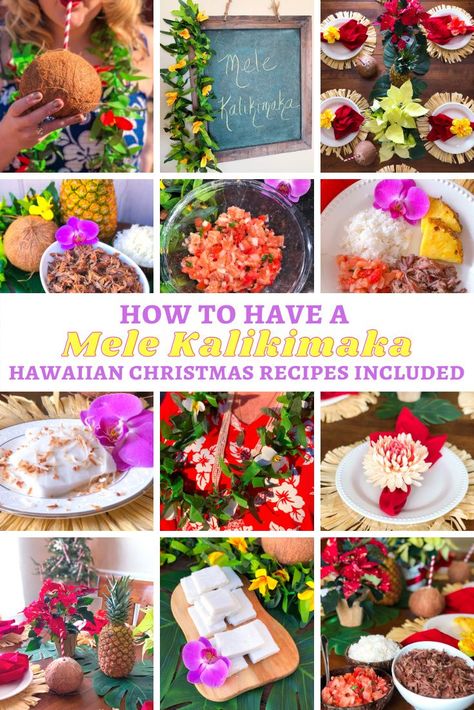 Transport yourself to the islands with a Hawaiian Christmas dinner! Hawaii Christmas Party Ideas, Hawaii Christmas Party Food, Hawaiian Christmas Tree Ideas, Hawaiian Christmas Dinner Ideas, Tropical Christmas Table Decor, Happy Huladays Party, Hawaiian Christmas Desserts, Hawaii Christmas Party, Tropical Christmas Food