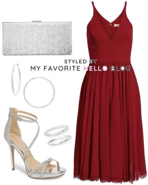 Going to a wedding? Here are wedding guest dress outfits with a red dress. Pictured is a wedding guest dress with a red dress, silver heels, silver purse, and silver jewelry. #reddress #weddingguestoutfit Wedding Guest Outfit Inspiration, Silver Purse, Heels Silver, Color Shoes, Dress Silver, What To Wear To A Wedding, Silver Heels, Stylish Wedding, Red Outfit