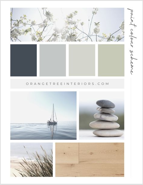 Home Paint Colour Schemes – Orangetree Interiors Lake House Colour Palette, Home Design Colour Palettes, Calm Colour Schemes, Muted Bathroom Colors, Calm Colours For Bedroom, Natural Wood Floor Color Palette, Neutral Interior Design Kitchen, Colour Palette For Bathroom, Colour Palette House Interiors