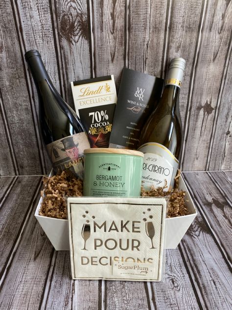 Wine, chocolate, giftcard and candle Wine And Spa Gift Basket, Wine And Chocolate Gift Basket, Wine And Chocolate Gift, Basket Wrapping, Xmas Gift Baskets, Thank You Baskets, Wine And Chocolate, Wine Basket, Wine Chocolate