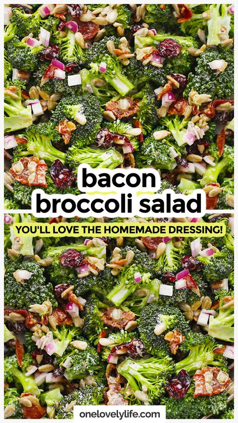 Our paleo broccoli salad recipe combines fresh broccoli, crispy bacon, delicious mix-ins and a tangy homemade broccoli salad dressing you'll LOVE. This classic broccoli salad is always a hit at potlucks and picnics, and it's one of our most popular BBQ side dishes. Get the recipe for this broccoli salad with bacon and more summer side dish recipes to try at One Lovely Life Broccoli Salad Dressing, Paleo Broccoli Salad, Broccoli Salad Recipe Easy, Broccoli Bacon Salad Recipe, Paleo Broccoli, Bacon Side Dishes, Broccoli Bacon Salad, Broccoli Salad With Bacon, Healthy Potluck