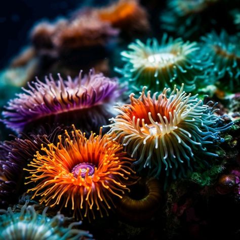 Anemone Sea Coral Reefs, Natural Forms Ocean, Natural Forms Sea Life, Sea Anemone Painting, Ocean Plants Underwater, Coral Reef Close Up, Under The Sea Flowers, Deep Sea Plants, Beautiful Sea Creatures Ocean Life