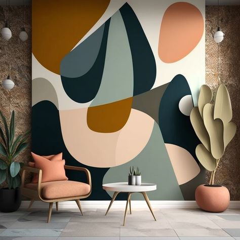 External Wall Painting Ideas, Midcentury Modern Accent Wall, Bar Murals, Clean Living Room, Modern Teen Boy Bedroom, Bedroom Summer, Flowers For Beginners, 60s House, Interior Murals