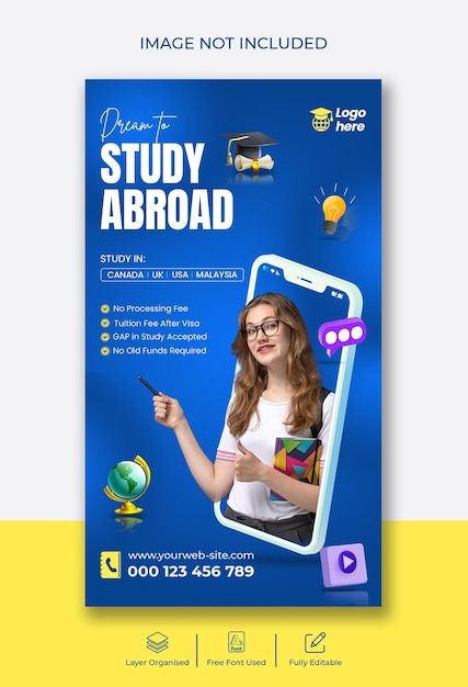 Study abroad education instagram story a... | Premium Psd #Freepik #psd #education #instagram #teacher #study Education Ads, Digital Marketing Poster, Skin Quotes, Beauty Skin Quotes, About Study, Facebook Story, School Flyer, Marketing Poster, Tuition Fees