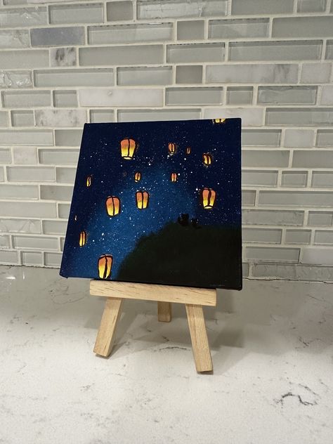 Hand painted 4x4in (10.1x10.1cm) famed mini canvas. Lanterns floating in the night sky with two little cats making a wish.  Hope and whimsy, enjoying the night sky. Perfect for small spaces and desks! Small Canvas Aesthetic Art, Small Painting Canvas Ideas, Mini Canvas Art Couple, 4×4 Canvas Painting, 4x4 Paintings Ideas, Night Aesthetic Painting, 4x4 Canvas Painting Ideas, Mini Canvas Paintings Acrylics, Small Canvas Drawings