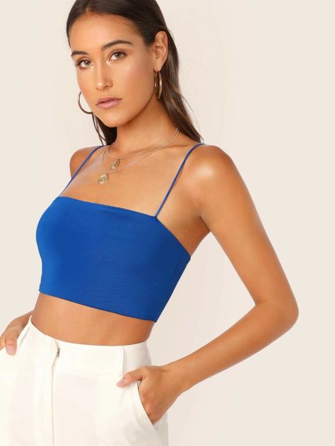 Form-Fitting Cropped Cami Top | SHEIN USA Top Azul, Strappy Crop Top, Outfit Collage, Crop Top And Shorts, Cropped Cami, Cami Crop Top, Womens Basic, Knit Crop, Tank Top Cami