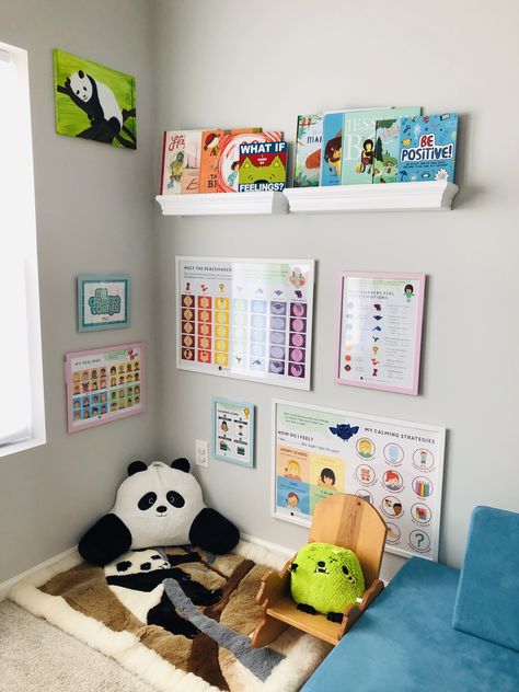 We set up a calming corner in our house to do time-ins instead of time-outs and create a safe space for our kids to be able to reflect and think. We want to raise happy, caring, and mindful individuals. Thank you to Generation Mindful for the wonderful posters and IKEA for the affordable frames. We also love our engaging and educational Usborne books that help children to explore their feelings and emotions! Calming Corner Bedroom, Feelings Corner Preschool, Calm Down Room Ideas, Montessori Calming Corner, Time Out Corner Ideas, Feelings Corner For Kids, Kids Calming Corner At Home, Toddler Calming Corner, Quiet Corner Home Kids