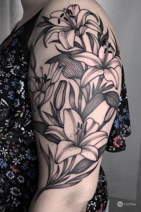 Lily Tattoo Sleeve, Lilly Flower Tattoo, Lace Sleeve Tattoos, Lower Arm Tattoos, Outer Forearm Tattoo, Arm Sleeve Tattoos For Women, Lily Flower Tattoos, Tattoos For Women Half Sleeve, Floral Tattoo Sleeve