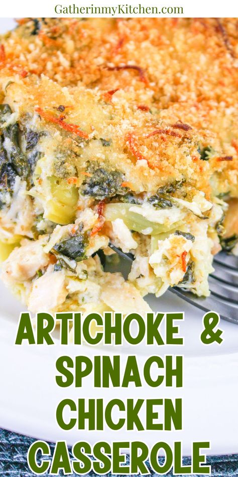 This Artichoke and Spinach Chicken Casserole is loaded with creamy goodness, making it the ultimate comfort food. It's easy to prepare and perfect for dinner! Chicken And Artichoke Casserole, Artichoke Casserole Recipes, Rice Casserole Recipes Easy, Hamburger Casserole Recipes Easy, Chicken Spinach Artichoke Casserole, Chicken Artichoke Casserole, Chicken With Artichoke Hearts, Chicken Artichoke Recipes, Spinach Chicken Casserole