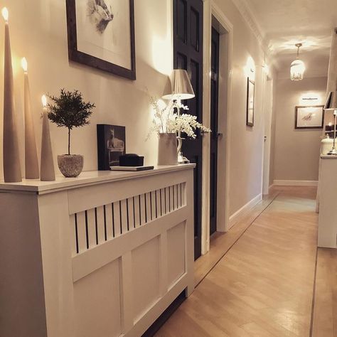 Radiator Cover Styling Ideas, Radiator Cover Decor Ideas, Hallway Ideas Radiator Cover, Living Room Radiator Cover, Square Hallway Ideas Entrance, Styling Radiator Cover, Long Front Hallway Ideas Entrance, Hallway Radiator Cover Styling, Small Hallway Design Ideas