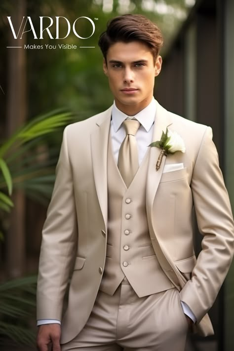 Champagne Wedding Suit, Champagne Suits For Men Wedding, Debs Suits, Champagne Suits For Men, Champagne Tux, Groom Suit For Wedding, Suits Men Groom, Three Piece Suit Mens Wedding, Champagne Suit