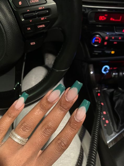 Dark Green Acrylic Nails French Tip, Green Coffin Acrylic Nails French Tip, Dark Green French Tip Nails Coffin, Green French Tip Nails Coffin, Emeril Green Nails, Dark Green Nails Square, Emerald French Tip Nails, Green French Tip Nails Square, Different Shades Of Green French Tips