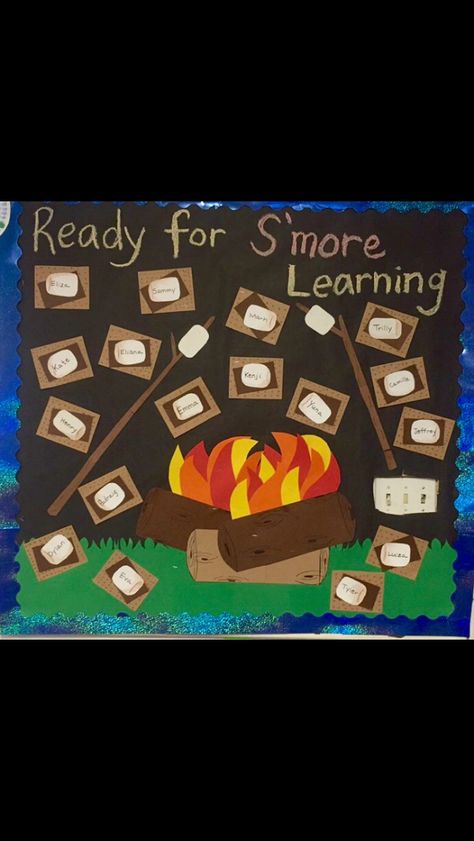 Campfire S'mores bulletin board Camping Bulletin Boards, Camping Preschool, Camping Theme Preschool, November Bulletin Boards, Summer Bulletin Boards, Camping Classroom, Camping Theme Classroom, Classroom Bulletin Board, Camp Activities