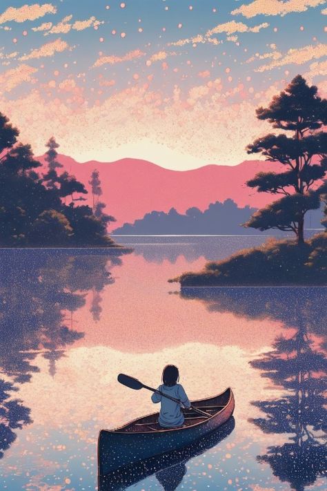 Tranquil Canoe Lake Check more at https://paintlyx.com/tranquil-canoe-lake/ Canoe Painting Acrylic, Canoeing Illustration, Canoe Aesthetic, Canoe Painting, Wooden Canoe, Sip N Paint, Lake Painting, Rocky Shore, Girls Series