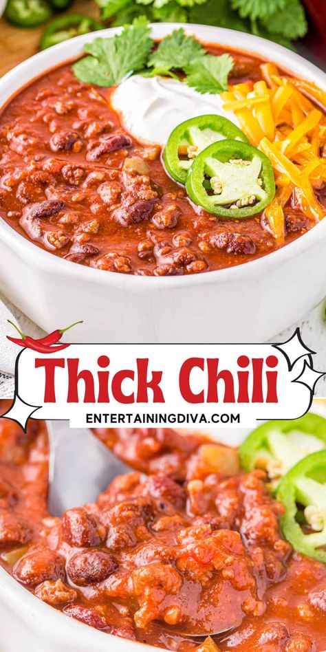 Spice up your game night with friends with this hearty, thick, and rich homemade Chili! It is so insanely delicious, easy to make and fun to customize. Thick Chili Recipe, Thick Chili, Game Night With Friends, The Best Chili, Cooking Onions, Best Chili, Jello Shot, Night With Friends, Easy Party Food