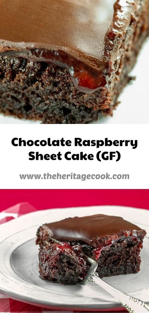 Chocolate Ganache Cake With Raspberries, Gf Sheet Cake, Vanilla Raspberry Sheet Cake, Chocolate Raspberry Cake Easy, Gf Birthday Dessert, Raspberry Chocolate Cake Recipe, Chocolate Raspberry Sheet Cake, Raspberry And Chocolate Desserts, Chocolate Cake With Raspberry Sauce