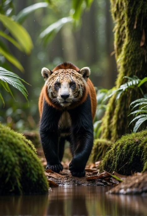 An animal that looks like a cross between a tiger and a bear walks towards the viewer in a dense, misty forest. Animals In The Rainforest, Rainforest Aesthetic, Tiger And Bear, Brazil Rainforest, Amazon Rainforest Animals, Pink River Dolphin, Amazon Animals, Lush Rainforest, Jungle Photography