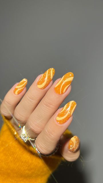 Orange Nails Sparkle, 70s Nail Designs, 70s Nails Retro, Orange Glitter Nails, Orange Nails Design, Lisa Frank Nails, Sun Nails, Nail Extensions Acrylic, Pride Nails