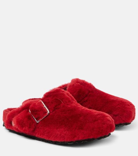 Boston shearling clogs in red - Birkenstock 1774 | Mytheresa Shearling Clogs, Birkenstock Colors, Birkenstock Mules, Red Clogs, Birkenstock Boston Shearling, Boston Shearling, Embroidered Wool, Birkenstock Boston, Color Name