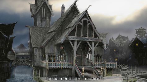 The Hobbit - Esgaroth, Lake town, Pontelagolungo Lake Town Hobbit, Laketown Hobbit, Hobbit Laketown, Hobbit Town, Lake Town, Pirate Island, Medieval Houses, Coastal Cities, Dark Corners