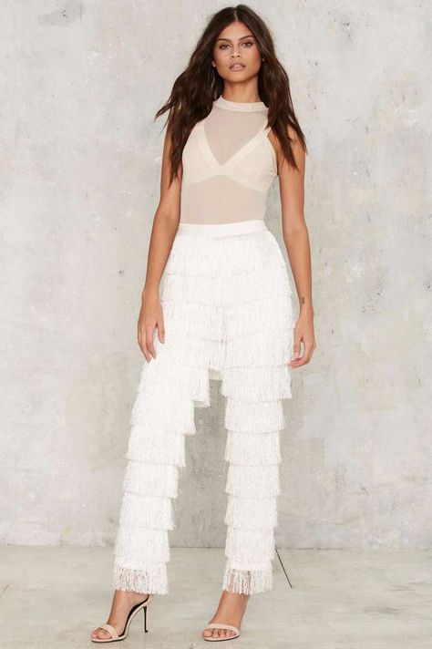 Rhianna Style, White Party Outfit, Fringe Pants, Reception Outfit, Lavish Alice, White Fringe, Jumpsuit Dressy, Futuristic Fashion, Pants White