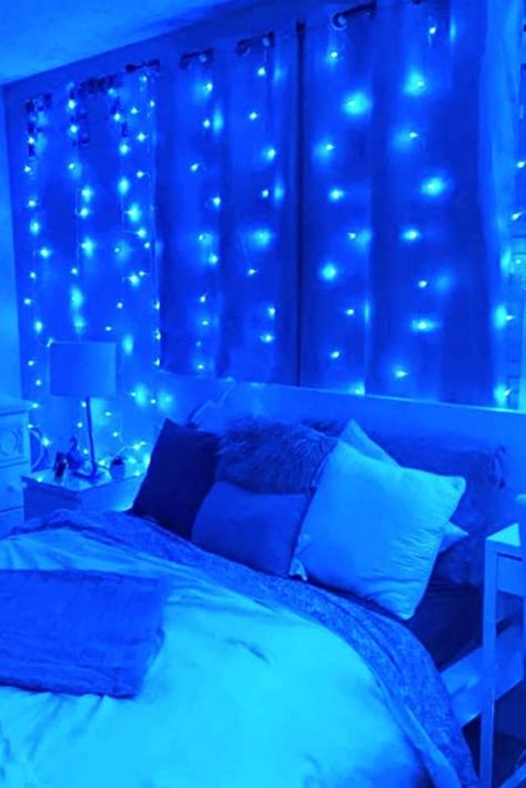 LED Blue Curtain Lights Curtain Lights Christmas, Lights For Bedroom Wall, Bedroom Sliding Glass Door, String Lights For Bedroom, Window Curtains Ideas, Window Backdrop, Blue String Lights, String Lights In The Bedroom, Curtain Hanging