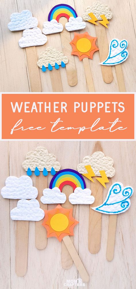 CLICK for the FREE TEMPLATE to make these WEATHER PUPPETS - a fun preschool weather craft for kids! These fun weather emojis are great for teachers to make on the Cricut with the free SVG but also comes with a PDF to make it by hand. Weather Paper Craft, Fall Weather Art Preschool, April Shower Crafts For Kids, Weather Crafts For Elementary Students, Cloudy Crafts Preschool, Spring Weather Crafts For Toddlers, Weather Kindergarten Crafts, Weather Mobile Craft For Kids, Preschool Cricut Crafts