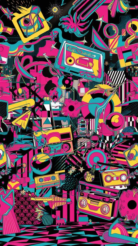 Dive into the dazzling world of 80s wallpaper, featuring bold geometric patterns and neon hues. Inspired by Memphis design, this vibrant art piece captures the essence of pop culture with playful shapes and nostalgic elements like cassette tapes and boomboxes. Energize your space with a lively dance floor vibe that celebrates youthful exuberance and artistic freedom. #80sWallpaper #RetroDesign #PopArt #Nostalgia 80s Background Wallpapers, 80s Retro Wallpaper, 80s Aesthetic Retro, Cher Wallpapers, Preppy Backgrounds, 80s Background, 80s Pop Music, 80s Wallpaper, 80s Pop Culture