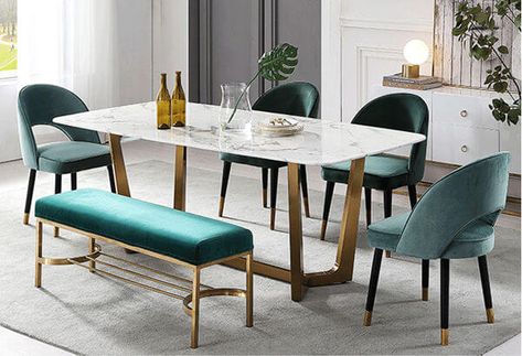 Good Quality green velvet dining chairs set Velvet Chairs Dining Table, Dining Table Design With Bench, Dining Tables With Benches, Dining Table With Green Chairs, Dining Table With Bench And Chairs, Carpet In Dining Room, Green Velvet Dining Room, Dining Table Chairs Design, Dining Table Ideas Modern