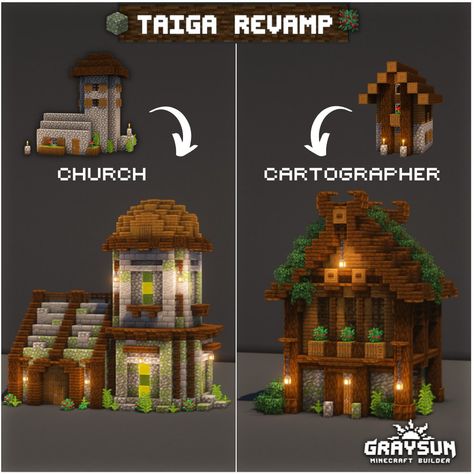 Village Centre Minecraft, Leather Worker House Minecraft, Minecraft Village Revamp Ideas, German House Minecraft, Taiga Village Revamp, Bell Minecraft Ideas, Minecraft Taiga Village Revamp, Spruce Village Revamp Minecraft, Minecraft Dark Wood House