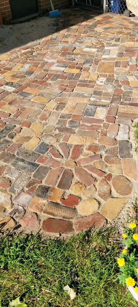 Reclaimed Brick Paving, Brick Pathways Walkways, Reclaimed Brick Pathway, Old Bricks Ideas Diy, Old Bricks Ideas, Broken Brick Ideas, Old Brick Patio, Mosaic Pathway, Reclaimed Brick Patio