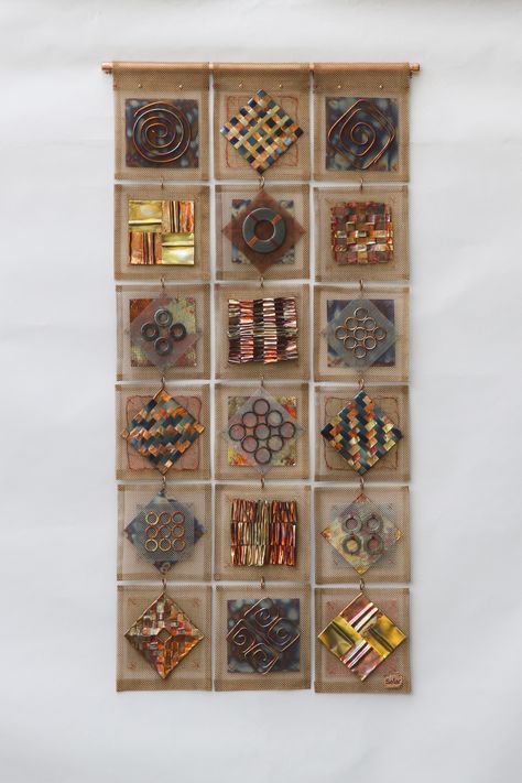 Woven elements using copper wire, sheet copper and brass ,stainless steel, industrial scrap are fastened to the linked Bronze mesh squares.Patina, 22 x 47"/56x118cm Copper Mesh Art, Assemblage Art Dolls, Mixed Media Mosaic, 3d Collage, Woven Art, Quilt Art, Copper Art, Clay Tiles, Assemblage Art