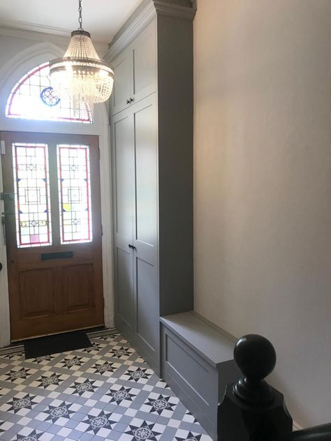 Narrow Hall Mudroom, Hidden Storage Hallway, Victorian Terrace Hallway Storage, Coats In Hallway, Small Hallway Built In Storage, Slim Hallway Coat Storage, Victorian Hallway Storage, Entry Shoe And Coat Storage, Clever Hallway Storage