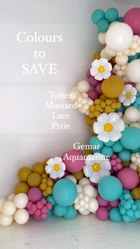 Colours to save 💫 🖍️ Tuftex •Mustard •Lace •Pixie Gemar •Aquamarine… | Instagram Balloon Garland Colors, Tuftex Balloon Colors, Graduation Balloon Garland, Teal Balloons, Party Planning Business, Graduation Balloons, Birthday Balloon Decorations, Twins Baby Shower, Colourful Balloons