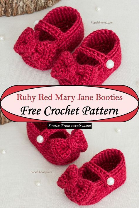 Ruby Red Mary Jane Booties Crochet Borders For Blankets, Crochet Baby Shoes Free Pattern, Crochet Baby Booties Free Pattern, Crochet Mary Janes, Baby Booties Free Pattern, Crochet Baby Booties Pattern, Crochet Baby Boots, Crochet Shoes Pattern, Crochet Baby Sandals