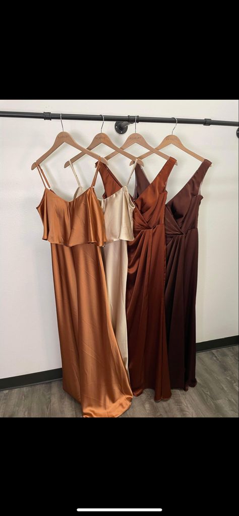 Rust Mismatched Bridesmaids, Burnt Orange And Gold Bridesmaid Dresses, Burnt Orange And Brown Bridesmaid Dresses, Light Brown Bridesmaid Dress, Fall Brown Bridesmaid Dresses, Burnt Organe Bridesmaid Dresses, Dark Copper Bridesmaids Dresses, Rust Copper Dress, Dark Rust Bridesmaid Dress