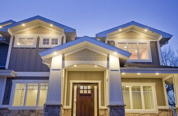 Candlelight Homes - Custom Home - Draper, UT - traditional - exterior - salt lake city - Candlelight Homes Craftsman Outdoor Lighting, Outdoor Recessed Lighting, Craftsman Porch, Front Porch Columns, Best Exterior Paint, Porch Columns, Shingle Exterior, Traditional Exterior, Front Entrance