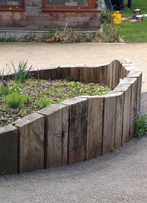 Garden Berm, Sleeper Fence, Rock Fence, Natural Edge Wood, Landscape Timbers, Landscape Borders, Building Raised Garden Beds, Fence Designs, Railway Sleepers