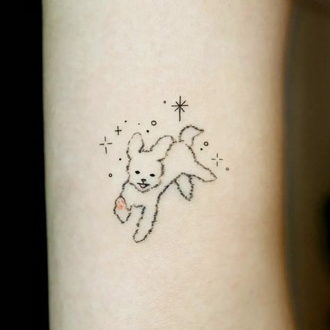 Black Dog Tattoos For Women, Sweet Dog Tattoo, Dog Tattoo Ideas Shih Tzu, First Dog Tattoo, Dog Cute Tattoo, Mini Poodle Tattoo, Scruffy Dog Tattoo, Childhood Pet Tattoo, Fluffy Dog Tattoo