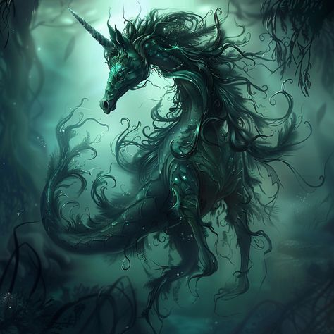 Dive deep into the mystical underwater realm of the unicorn kelpie, a mysterious creature that glides gracefully among the floating seaweed. With its sleek, shimmering body and enigmatic presence, this kelpie enchants all who glimpse its ethereal beauty. #Unicorn #Kelpie #UnderwaterMystery #Magic #FantasyCreatures Kelpie Horse Mythological Creatures, Kelpies Mythology, Kelpie Aesthetic, Kelpie Tattoo, Kelpie Art, Creepy Unicorn, Mythical Water Creatures, Kelpie Horse, Mystical Creatures Mythology