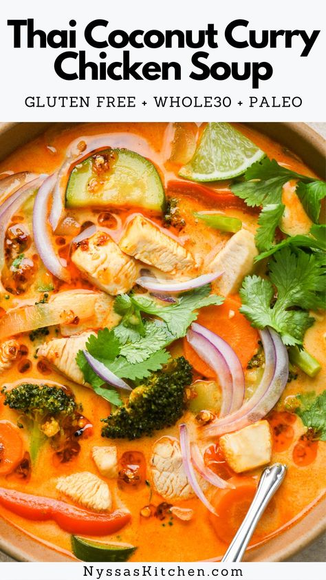 One of the best ways to warm up is with a hot bowl of Thai coconut curry chicken soup! Made with wholesome ingredients like chicken breast, a wide variety of colorful vegetables, garlic, ginger, red (or green!) curry paste, and fresh lime juice. An easy-to-make dinner that is so yummy! Whole30, paleo friendly, gluten free, dairy free, vegan option. Thai Coconut Chicken Soup Instant Pot, Whole 30 Chicken Soup Recipes, Soup Recipes With Coconut Milk, Paleo Indian Food, Thai Chicken Soup Recipes, Thai Coconut Curry Chicken Soup, Whole30 Curry, Healthy Curry Recipes, Panang Curry Chicken