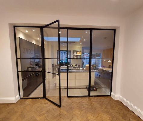 SteelDoorSolutions - Etsy UK Internal Steel Doors, Glass Indoor Doors, Black Glass Interior Doors, Internal Crittal Doors, Internal Glass Doors Living Rooms, Black Glass Door Interiors, Crittle Doors, Glass Wall Door, Internal Door Design